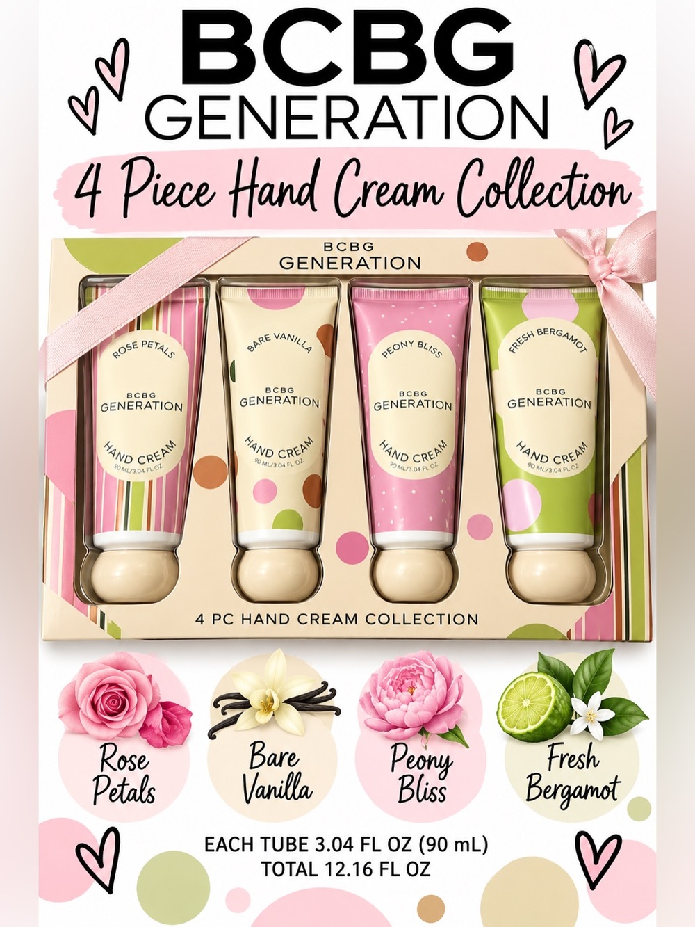 BCBG Generation 4 Pc Hand Cream Gift Set Rose Vanilla Peony Bergamot NEW